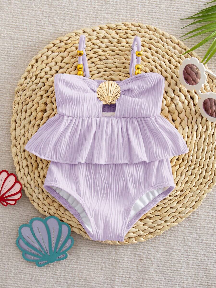 SHEIN Baby Girl One-Piece Swimsuit,Holiday Cute Polyester Summer Swimwear,Fashionable Colorful Casual White Ruffle Bathing Suit With Seashell Frilled Trim - Purple - View 1