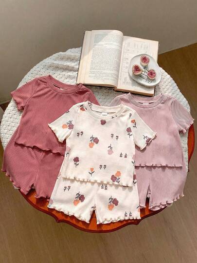 SHEIN LMoss Kids LMoss 6件套女婴纯色针织短袖上衣和松紧腰短裤休闲套装