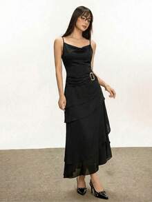 法式性感优雅修身金属环不对称长款连衣裙，女士款 - 黑色 - 查看 4