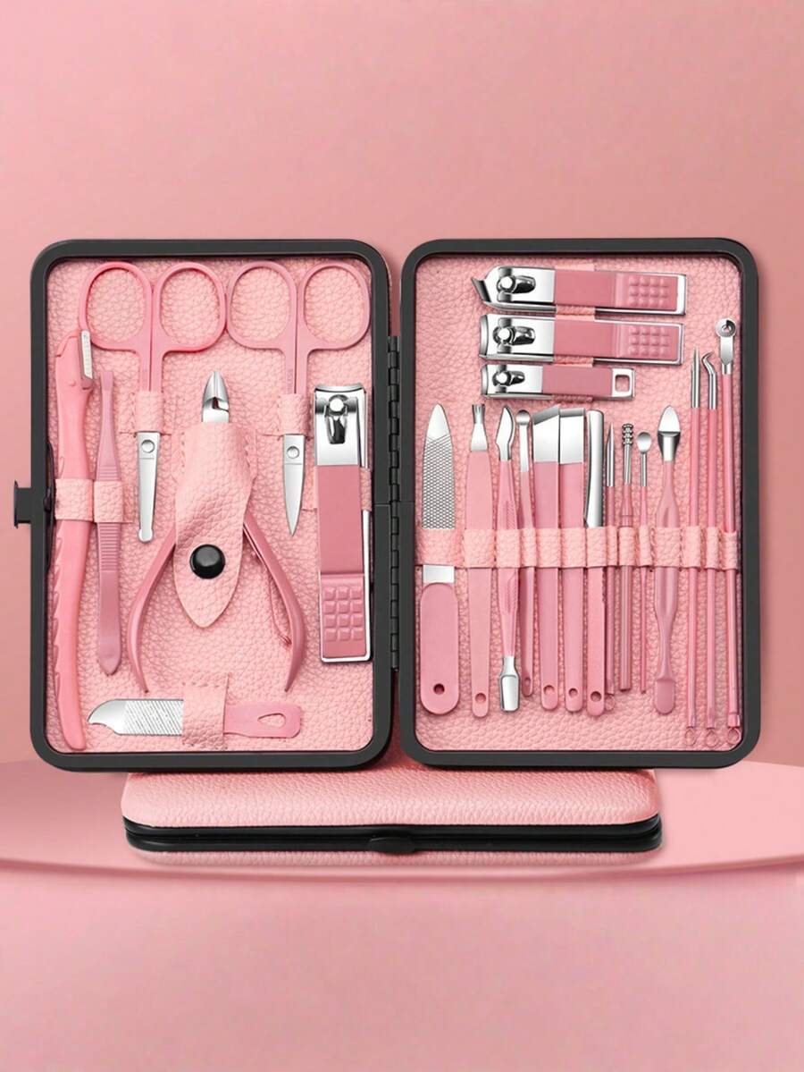 Professional Manicure Care Set, Women's Personal Care Set, Foot Care Set With Ear Wax Cleaning Tool, Nail Clippers, Manicure Tools, Unisex Travel Bag, Gift For Friends And Parents - Black and Pink - View 1