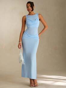SHEIN Glamour Elegant Light Blue Summer Seductive Party Maxi Dress,V-Neck Ruched Bust Fitted Waist Thigh Slit Open Backless Bodycon Wedding Guest Prom Dresses - Blue - View 4