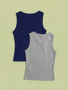 SHEIN 2pcs/Set Solid Color Black & White Knit Tank Top For Teens - Navy Blue - View 6
