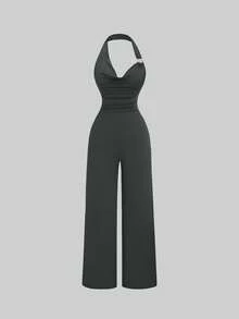 Sweetra Petite Spring/Summer Metal Buckle Halter Knit Jumpsuit, Comfortable Brown Slimming Petite Design For Women - Grey - View 3