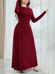 Feyla Đầm dài tay ôm vai thanh lịch màu trơn dành cho nữ - Màu Đỏ Sâu - Xem 8