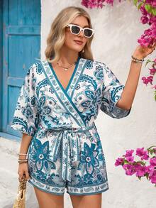 Vivid Eden Women's Plus Size Paisley Print Blue And White Romper,Boho V-Neck Tie Waist Wide Leg Jumpsuit,Summer Vacation,Holiday Beach Outfit,Bohemian Playsuit - Blue - View 6