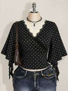 SHEIN ICON Áo thun mùa hè cỡ lớn kiểu dáng thường ngày in chấm bi, viền ren - Nhiều màu - Xem 1