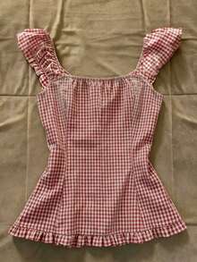 IslaSuriya Top ajustado con estampado de cuadros y bajo con volantes para mujer - Rojo y blanco - Ver 2