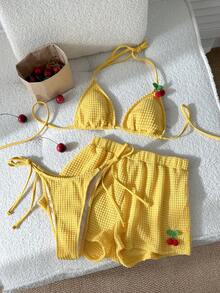 Swim Vcay Bộ bikini 3 mảnh màu trơn mới, gợi cảm, thích hợp cho bãi biển/hồ bơi, tiệc tùng, kỳ nghỉ, gồm áo yếm và quần buộc dây bên hông, được làm từ chất liệu đặc biệt, dành cho nữ. - Màu vàng - Xem 1