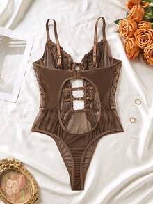 SHEIN 1件装女士性感花卉刺绣网纱连体衣 - 棕色 - 查看 2