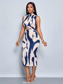 Đầm maxi không tay dáng suông, đơn giản, họa tiết hoa ngẫu nhiên, in họa tiết tie-dye thanh lịch dành cho nữ, có phần xếp ly bên hông, thích hợp cho các buổi hẹn hò và tiệc tùng. - Màu xanh hải quân - Xem 4