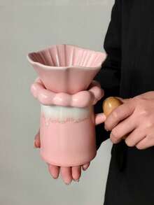 1 Set - Juego de Portafiltro y Taza de Cerámica para Cafetera - Creativo, de Alta Gama, Cerámica de Color Rosa Fluyente - Cafetera de Preparación Manual - Filtro de Café de Cerámica - Embudo. - Multicolor - Ver 5