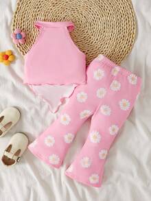 Cozy Pixies 1 Bộ ngẫu nhiên gồm 3 bộ quần áo mùa hè dễ thương cho bé gái, bao gồm áo quây dệt kim họa tiết hoa nhí và quần ống loe. - Hồng - Xem 2