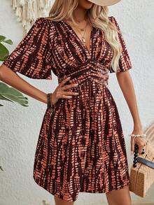 Wandoria Đầm ngắn nữ mùa hè, kiểu dáng thường ngày, in họa tiết tie-dye, thắt eo. - màu nâu - Xem 4