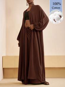 Zivah 2025秋季新款音乐节及毕业季休闲宽松亚麻开衫+腰部扭结长裙两件套，适合日常、度假、海滩、日光浴、街头风格 - 棕色 - 查看 3