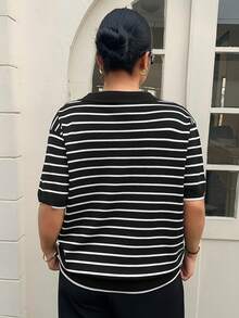 Livesso Plus Size Women's Contrast Color Block Polo Collar Casual Short Sleeve Knit Top, Spring/Summer - Black - View 2