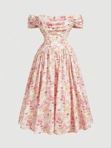 SHEIN MOD Plus Size Women's Pastel Pink Colorful Floral Print Off-Shoulder Flared Dress,Summer Curve Party Garden Tea,Date,Beachwear,Vacation,Picnic,Birthday - Pink - View 3