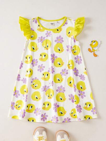 LOONEY TUNES X SHEIN Đầm cổ tròn xếp nếp viền gấu dành cho bé gái