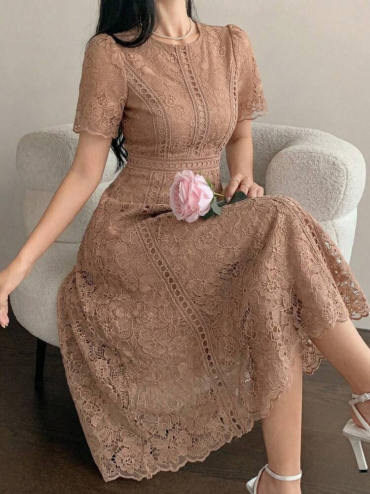 Women's Sweet Pink Solid Color Lace Short Sleeve Elegant Long Dress, Suitable For Spring And Summer