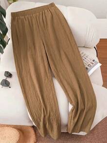 EMERY ROSE Plus Size Casual Solid Color Linen Washed Pleated Drawstring Pants - Khaki - View 6