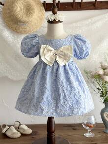 LMoss Kids 女嬰編織領子泡泡袖拼色蝴蝶結裝飾休閒洋裝 - 藍色 - 查看 6