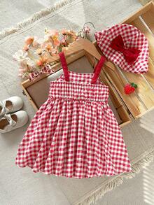 Cozy Pixies 2pcs Baby Girl Strawberry Print Contrast Color Suspender Dress & Hat Set - Red - View 2