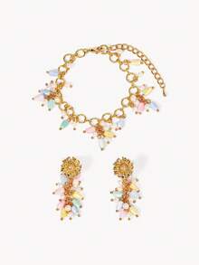Opalesca 18K Gold Plated,Stained Glass Earrings Bracelet With Random Colors,Premium/Elegant/Classy/Dailywear/Minimalist,Pearl/Crystal,For Mom/Women/Girl/Mother,Summer/Beach/Prom/Party/Holiday/Vacation,Engagement/Wedding/Promise,Bride,Heart/Floral,Fairycore/Mermaid Core - Multicolor - View 2