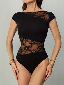 SHEIN Tall 女士撞色蕾丝连体衣，短袖设计，修身性感 - 黑色 - 查看 7