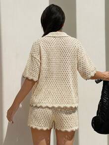 CasuGlow Boho Openwork Knit Flower Applique & Wooden Buttons Cardigan & Shorts Cover Ups - Krem - View 4