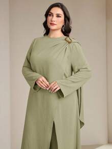 Veilorie Plus Size Solid Color Round Neck Long Sleeve Decorative Ring Casual Elegant Loose 2 Pieces Set Formal Wedding Bride Sage Green Autumn Fall - Green - View 4
