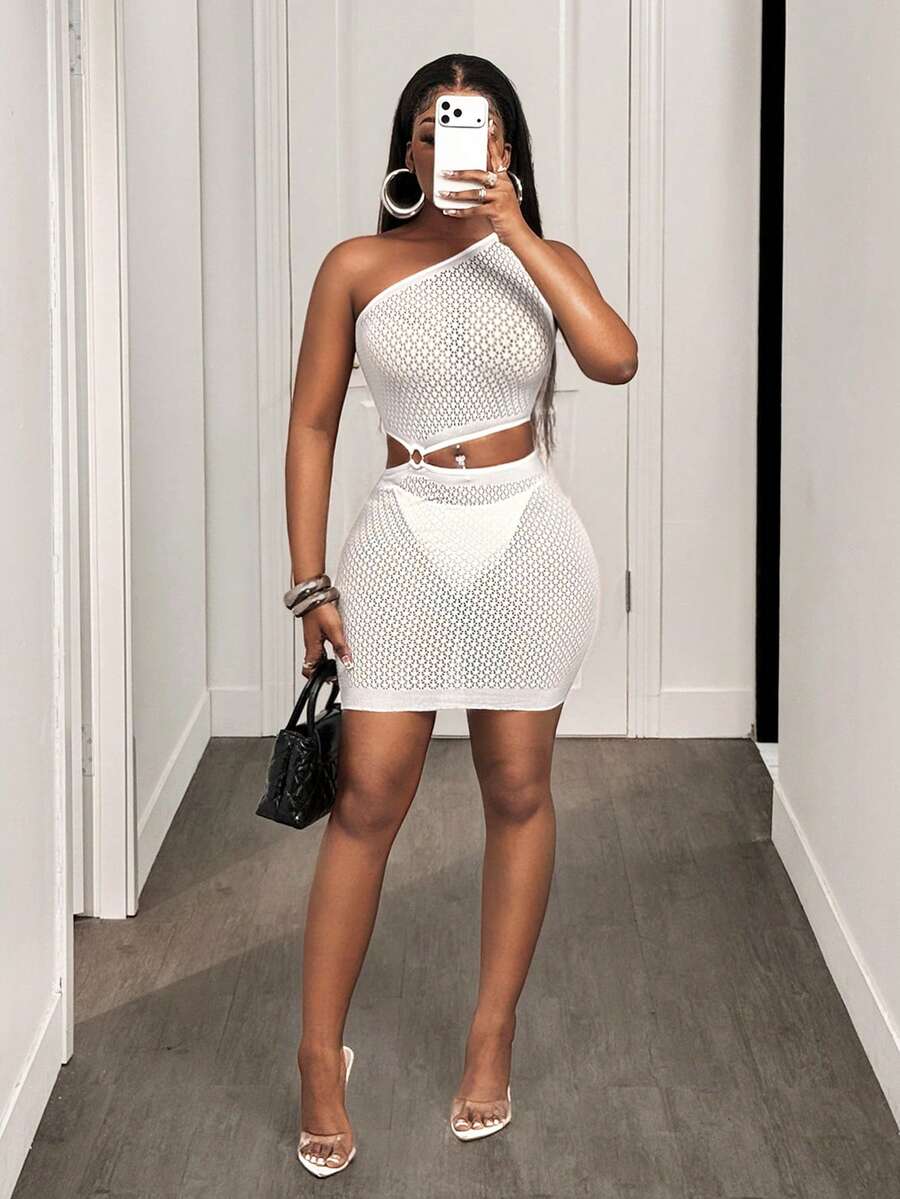 BamGleam 女士性感镂空透视紧身无袖迷你连衣裙 - 白色 - 查看 1