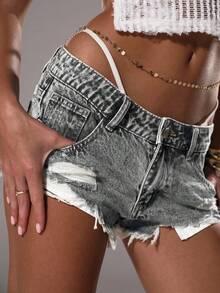 TRNVIE Plain Color Frayed Waist Belt Loop Ripped Denim Shorts, Summer - Light Grey - View 5