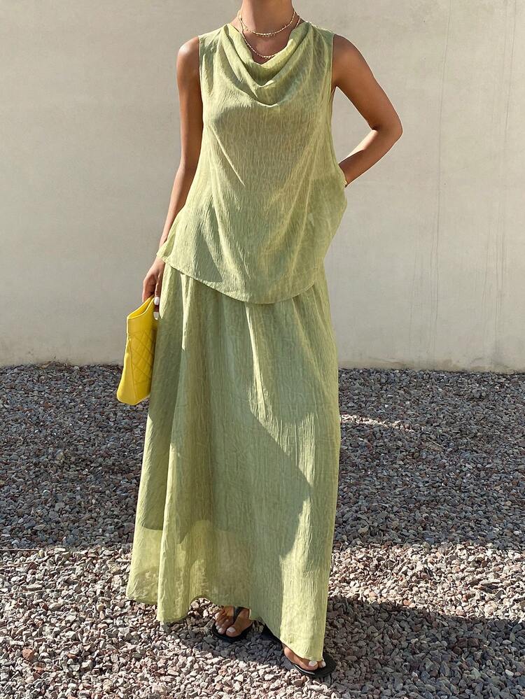 Women's Solid Color Loose Halter Sleeveless Tank Top And A-Line Long Skirt Elegant Vacation Summer 2-Piece Set