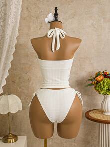 Swim Vcay Bộ đồ bơi tankini nữ màu trơn, gồm áo tankini xếp nếp và quần tankini tam giác, thích hợp cho kỳ nghỉ hè. - Màu be - Xem 2