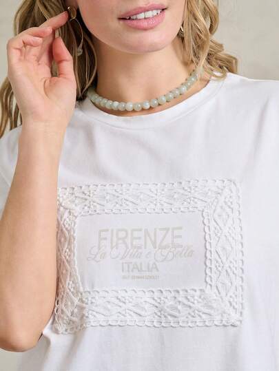 Rouah Women's Single Piece Soft Jersey High Cotton Crew Neck T-Shirt Solid White Regular Length Chic Casual T-Shirt Florence Firenze City Applique For Resort Brunch Spring Summer