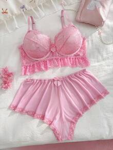 PetitDoll 2pcs Plus Size Lace Patchwork Lingerie Set - Pink - View 3