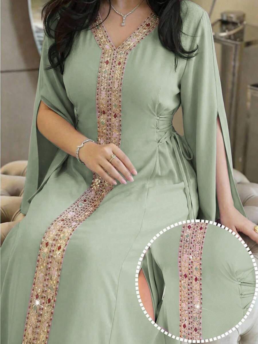 Al Najma 大码女士优雅拼接缎带系腰侧开衩袖阿拉伯风格连衣裙，适合春、夏、秋季穿着。 - 綠色 - 查看 1