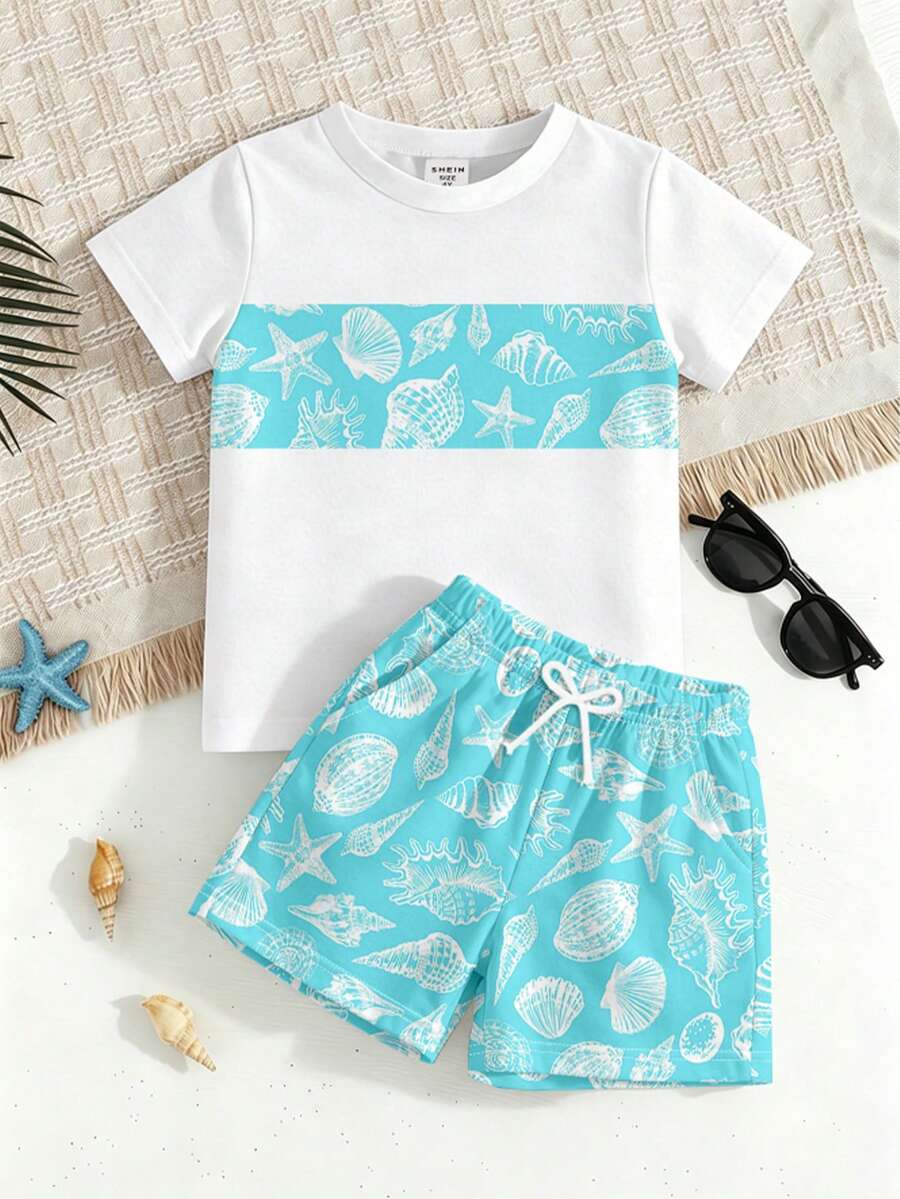 Young Boys' Ocean Shell Print T-Shirt Set, Vacation Style T-Shirt With Patchwork Shell Print Shorts, Fashion Holiday T-Shirt Set For Spring/Summer - Blue - View 1