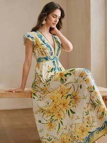 Anewsta New Arrival Romantic & Retro Yellow & Blue Floral Print V-Neck Cinched Waist Dress, Relaxed Vacation Vibe Long Holiday Dress - Yellow - View 3