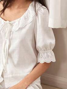 Ocili 女士纯色圆领荷叶边短袖休闲家居服套装，夏季 - 白色 - 查看 5