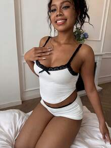 Amplova 2pcs/Set Colorblock Lace Splice Bow Decor Camisole And Ultra Low Waist Lace Splice Foldover Waistband Mini Shorts,Summer Sets - White - View 7