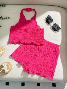 SHEIN Niedliches und lässiges Set für Baby Mädchen Einfarbig, dehnbarer Ripp-Tank-Top mit elastischen Taille Shorts - Pink - Übersicht 2
