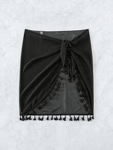 SHEIN Swim Summer Beach Women's Mesh Sheer Cover Up Skirt With Tassel Hem - Black - View 4