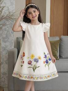 Gaun Anak Perempuan Lucu Motif Bunga Lengan Pendek, Musim Panas - Putih - View 2