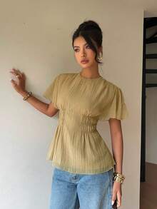 Women's Flounce Sleeve Round Neck Cinched Waist Blouse, Spring New Arrival Pleated Top Babydoll Tops Woman Women Tops Elegant Cinched Waist Top Cream Tops For Women,Summer Top - Apricot - View 5
