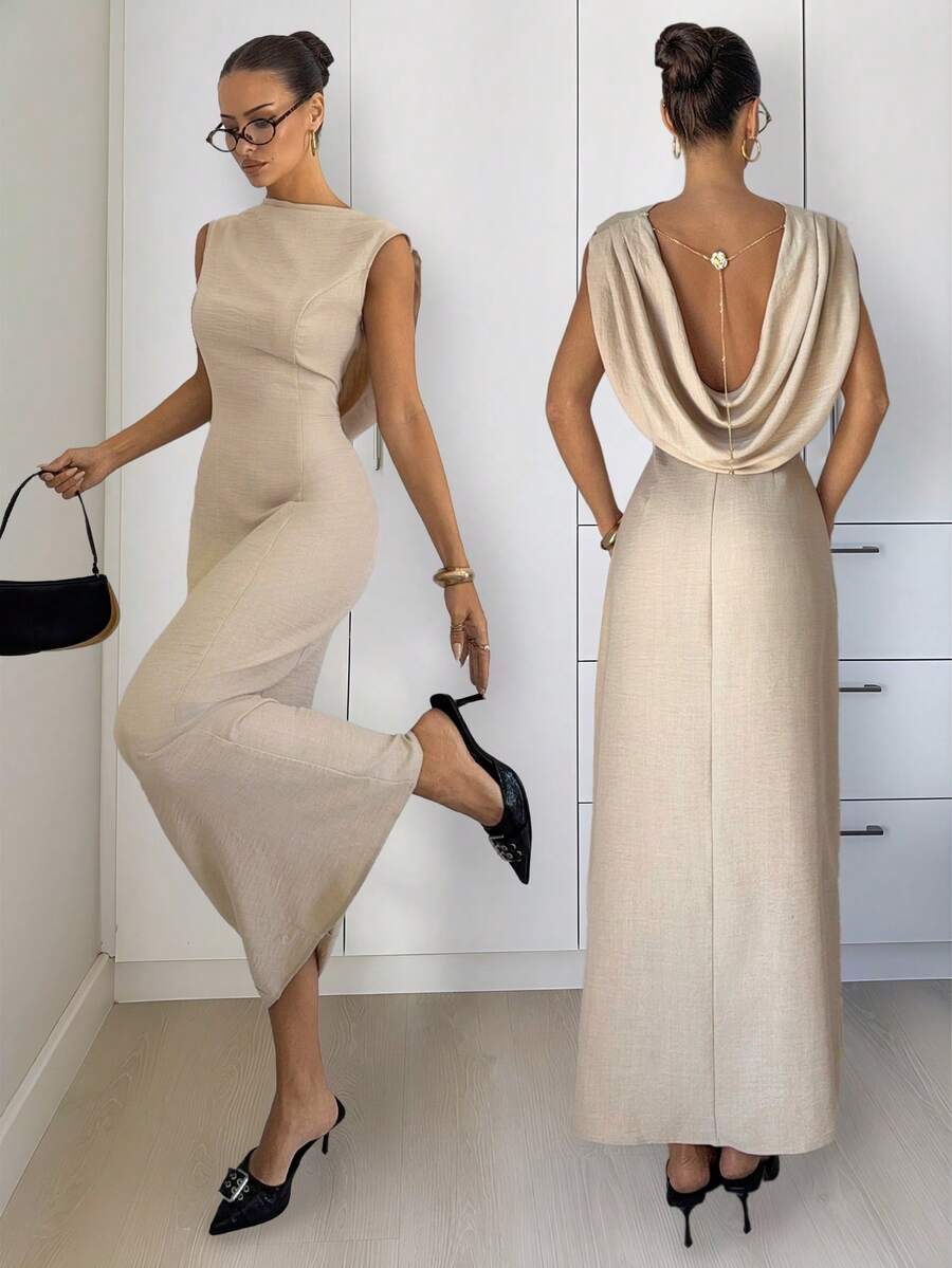 Siren Gaze Vestido Elegante de Cor Sólida e Costas Abertas para Mulheres, Verão - Damasco - Visão 1