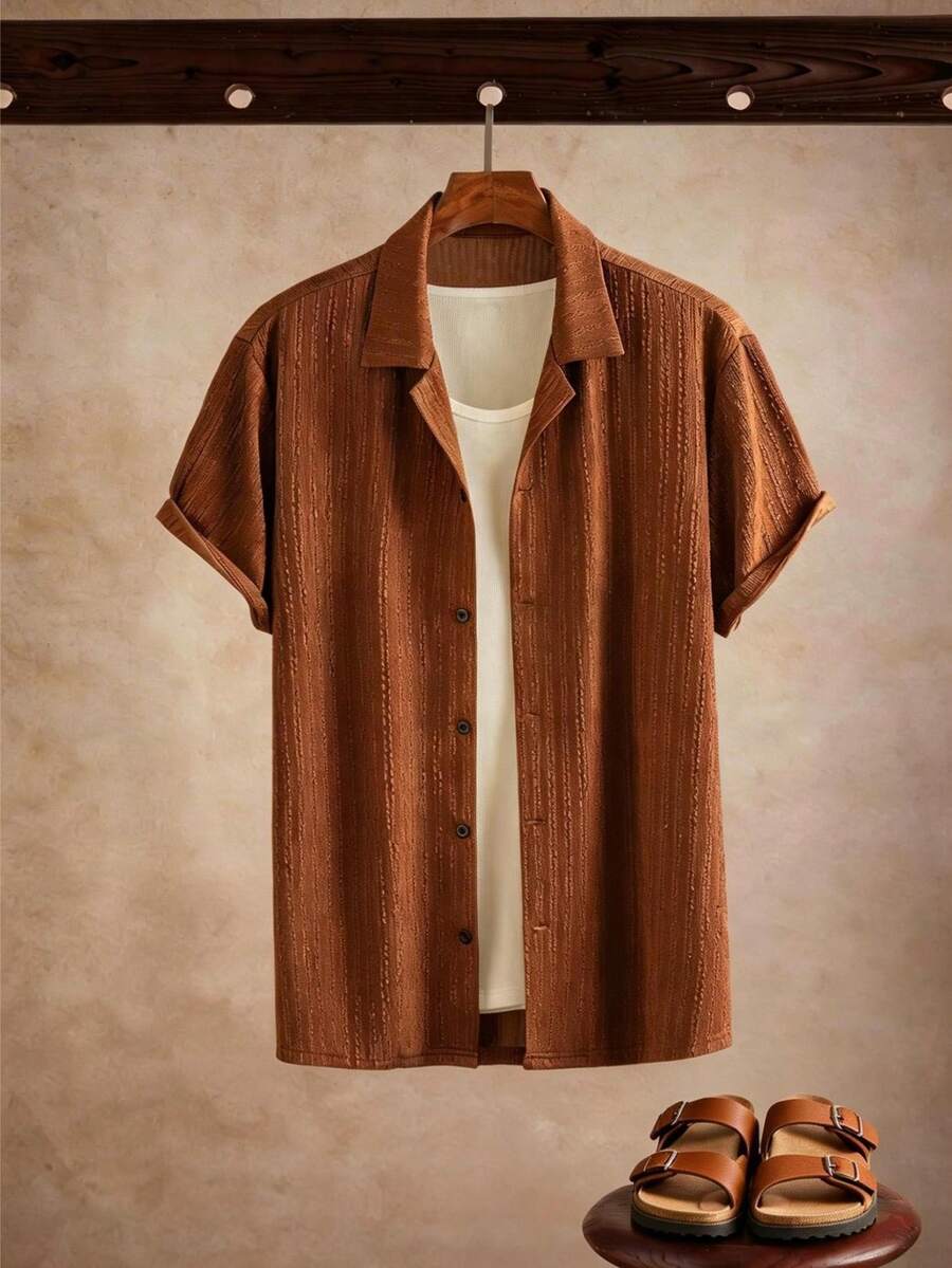 Core Aspect Men's Solid Color Short Sleeve Single-Breasted Casual Shirt Brown Beach Shirt Shirts For Men Casual Vintage Outfit For Men/Men's Casual Brown Collared Short Sleeve Shirt With Unique Textured Fabric For A Modern Look/Short Sleeve Shirt Men/Brown Casual Shirt - Brown - View 1