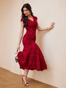 ZEYLAH Vestido entallado de línea A con cuello en V y bordado floral, primavera/verano - Burdeos - Ver 6