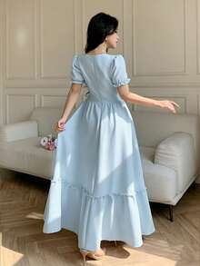 Pink Lace Patchwork Ruffle Hem Elegant Dress For Women - Blue - View 2