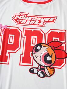 THE POWERPUFF GIRLS X SHEIN 大码夏季休闲字母卡通图案圆领短袖T恤 - 紅白色 - 查看 3