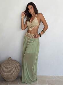 Aloruh Conjunto bohemio de ganchillo de verano para mujer, 2 piezas para uso diario de verano, ropa de verano, ropa de playa, conjunto de vacaciones de playa para mujer, conjunto de vacaciones, ropa de mujer estilo bohemio de vacaciones tropicales, ropa de mujer de vacaciones tropicales, top de punto de ganchillo y falda acampanada verde, conjunto de 2 piezas - Verde - Ver 4